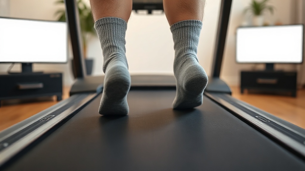 Füße in grauen Socken gehen auf dem Band eines Walking Pads