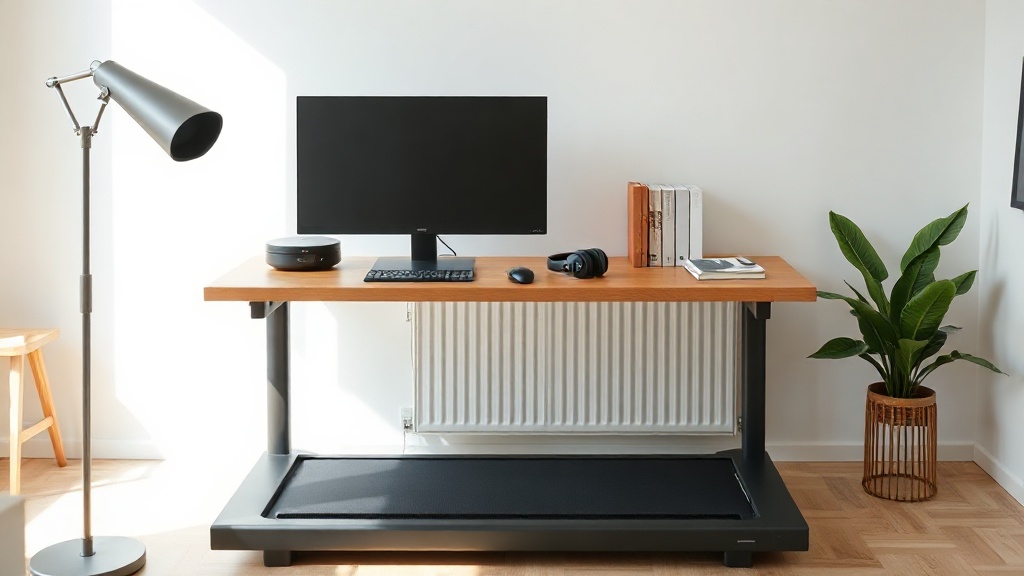 Home-Office mit hochgefahrenem Stehschreibtisch und flachem Walking Pad darunter