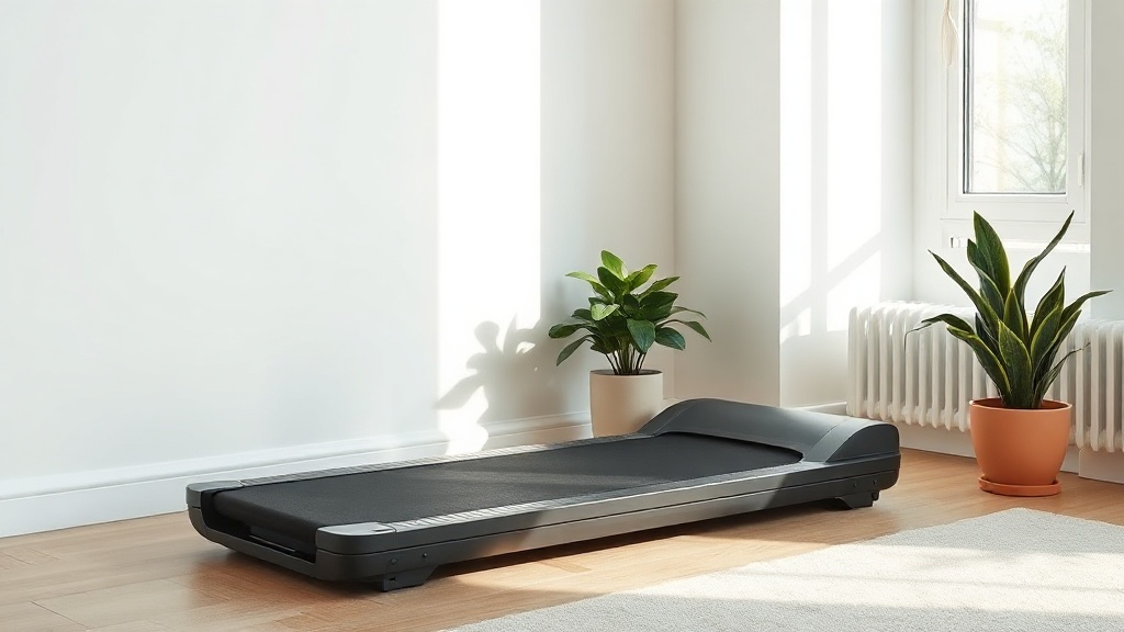 Flach zusammengeklapptes Walking Pad lehnt an einer Wohnzimmerwand