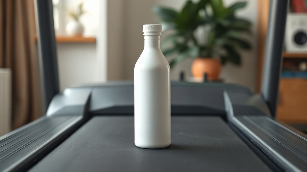 Unbeschriftete weiße Flasche mit Silikonöl steht auf dem Laufband