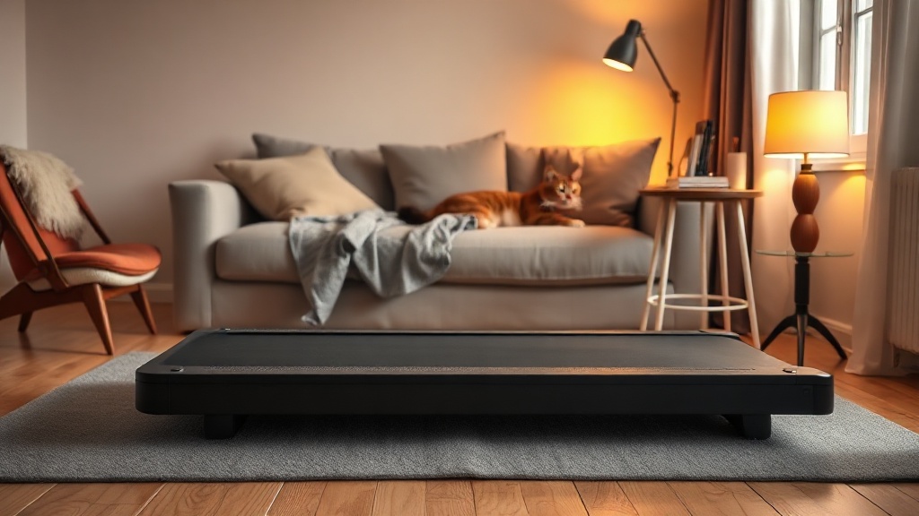 Walking Pad auf einer grauen Gummimatte in einer abendlichen Wohnung, im Hintergrund schläft eine Katze auf dem Sofa