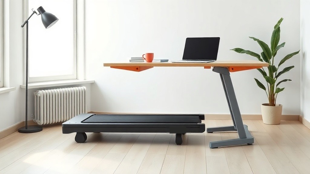 Flaches Walking Pad unter einem hochgefahrenen Stehschreibtisch im hellen Homeoffice
