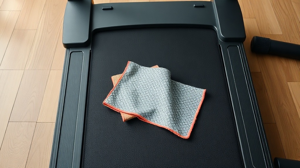 Mikrofasertücher liegen auf dem Laufband eines Walking Pads